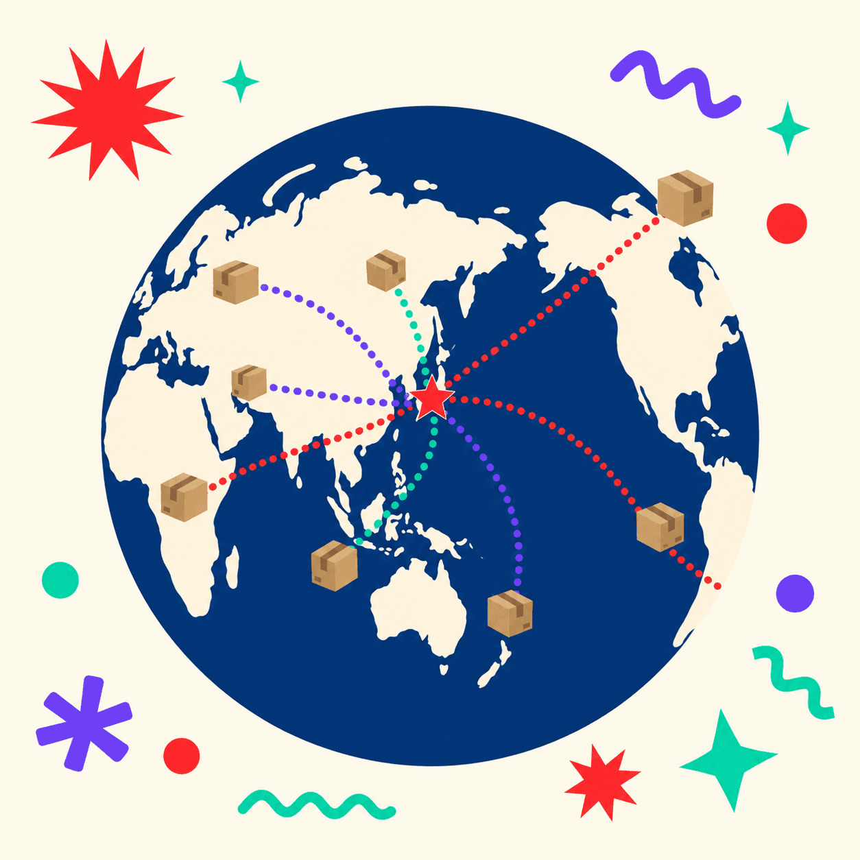 Illustrated globe with a red star marking Seoul, dotted shipping lines arcing outward to multiple continents with tiny kraft boxes flying along them.