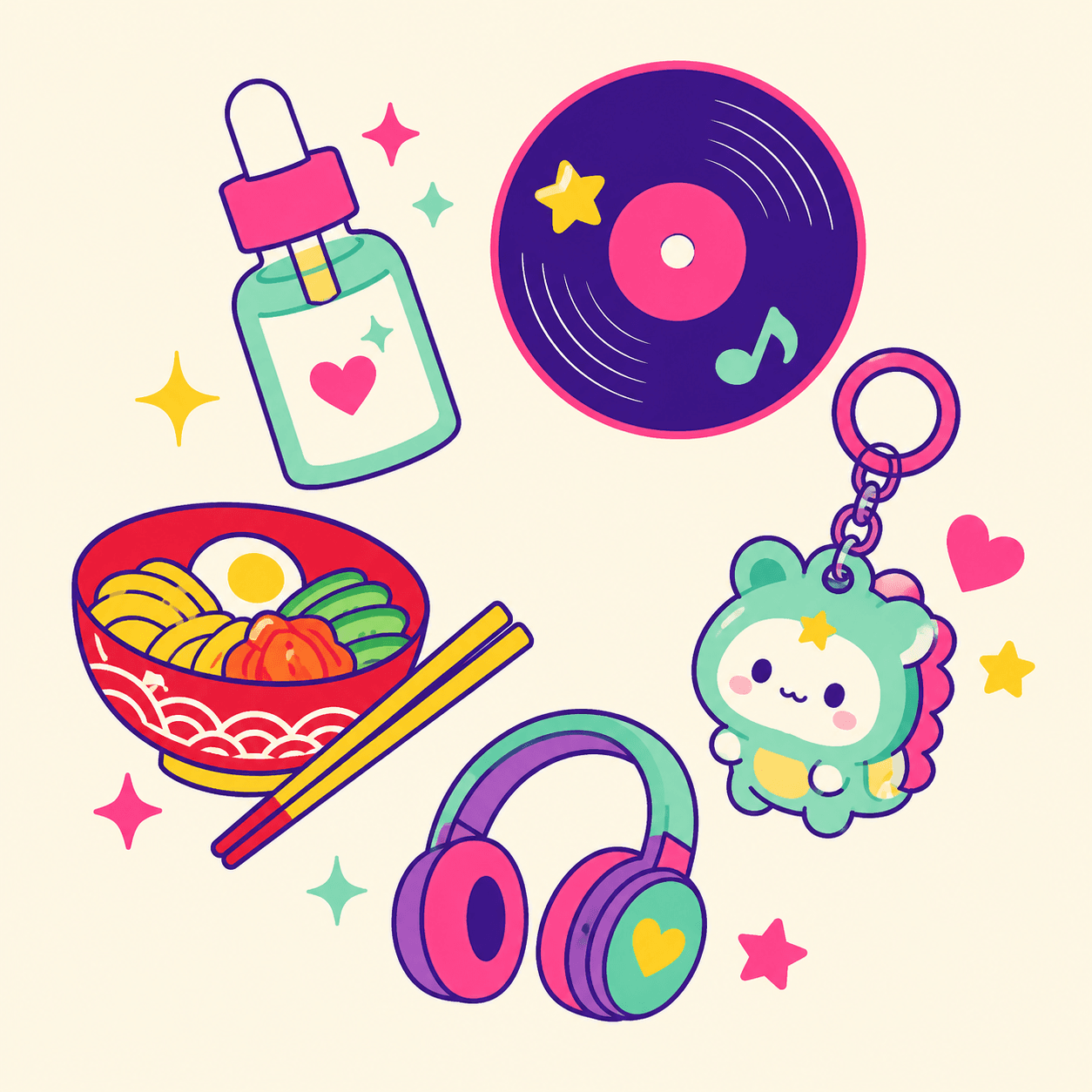 Illustrated arrangement of Korean lifestyle items — a K-beauty dropper bottle, a vinyl record, a character keychain, a ramen bowl, headphones — in vivid kitschy colors.