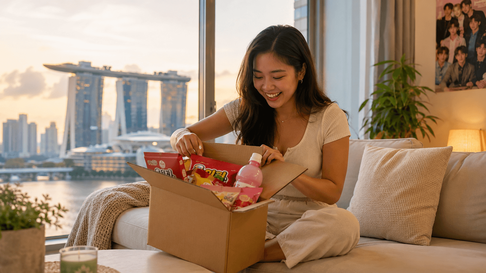 A young woman in a Singapore apartment, smiling as she opens a brown kraft DelicaGlobal box of Korean snacks, Marina Bay skyline visible through the window at golden hour.